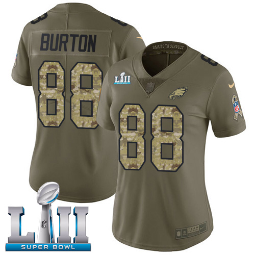 Nike Eagles #88 Trey Burton Olive/Camo Super Bowl LII Women's Stitched NFL Limited Salute to Service Jersey